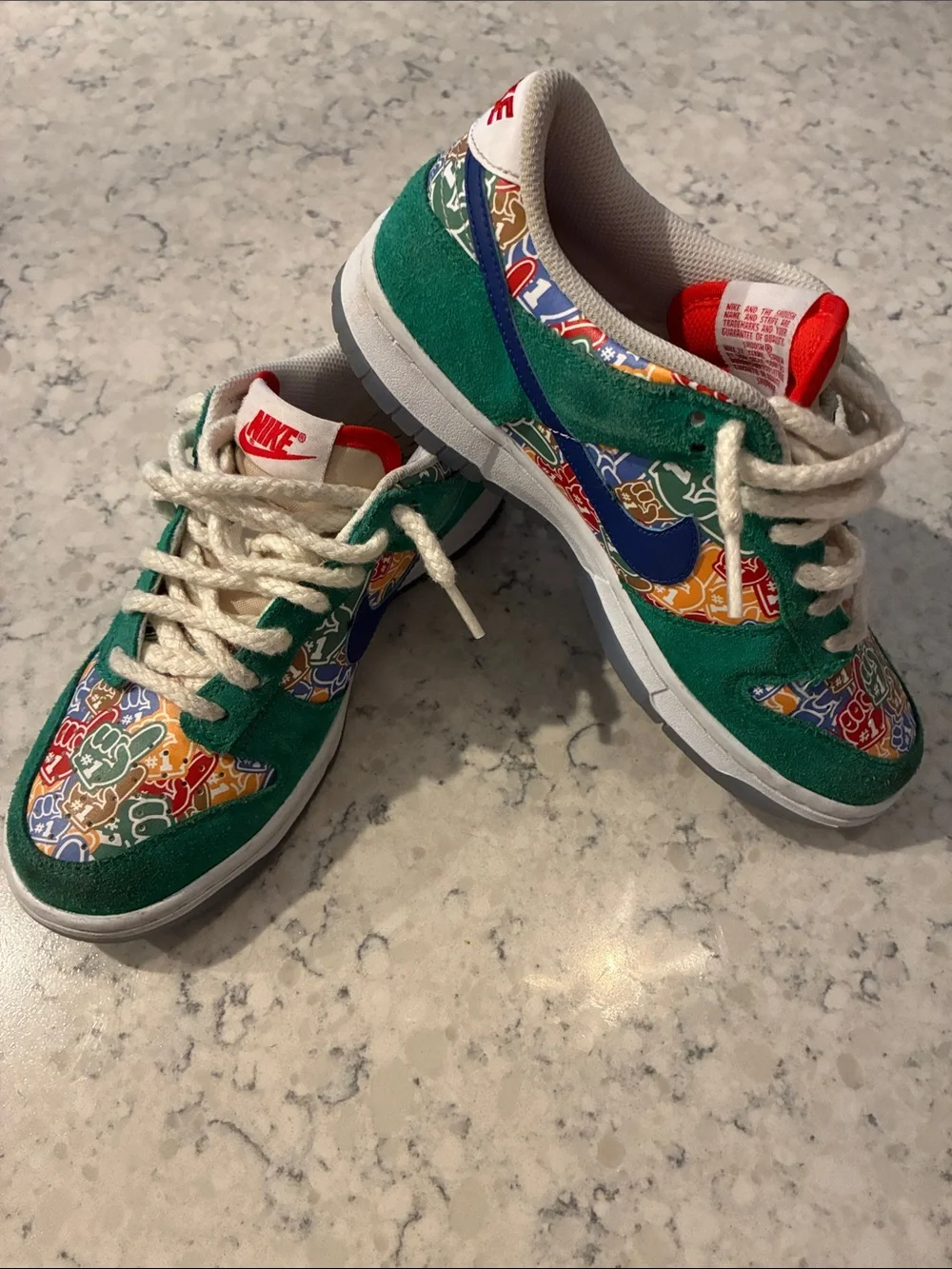 Nike Kids Green Suede Sneakers with Multicolor Graphic